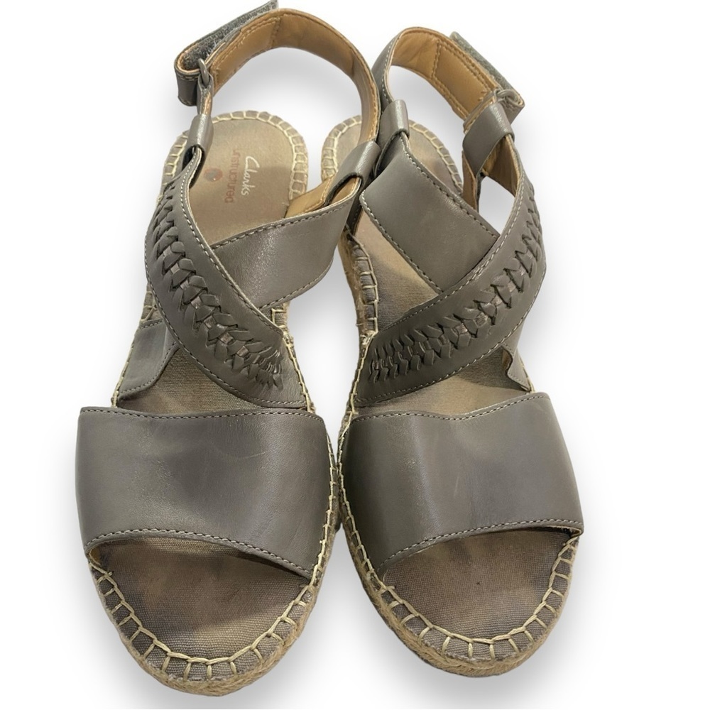 Clarks Petrina Bay Espadrilles Wedges Leather Ankle Wrap Ortholite Outsoles Sz 9